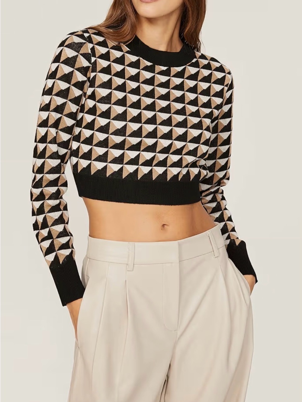 Saunders Collective Cropped Geometric Crewneck Sweater - Black, White & Tan